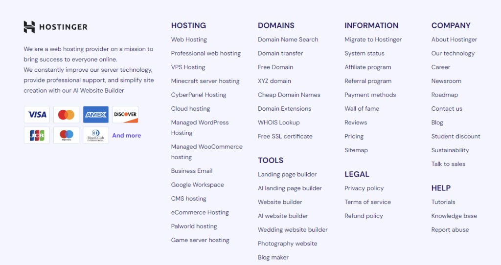 The footer section of Hostinger website