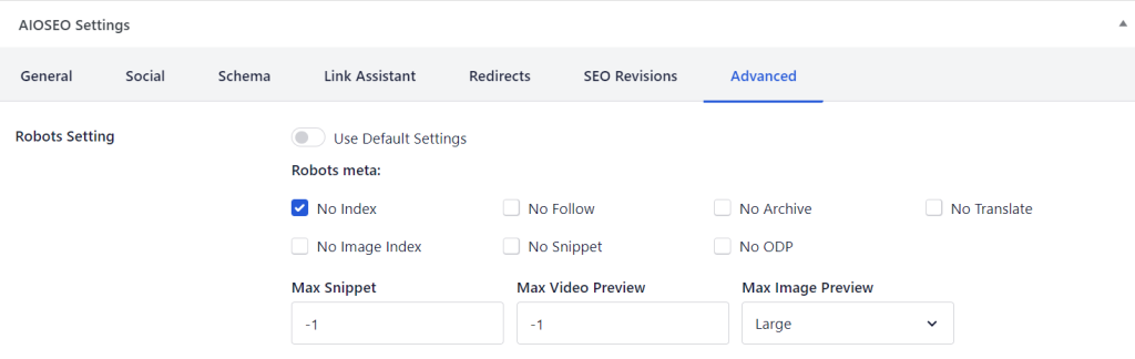 The Robots Settings in AIOSEO