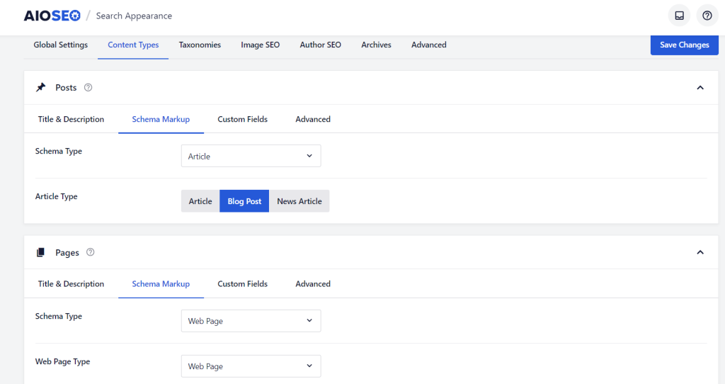 The Schema Markup settings in the AIOSEO dashboard