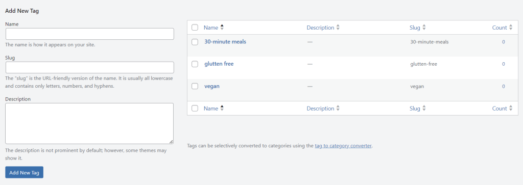 The Tags section in the WordPress dashboard