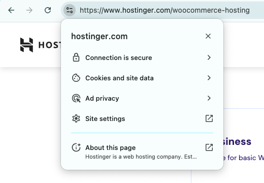 Site information showing a website's HTTPS status