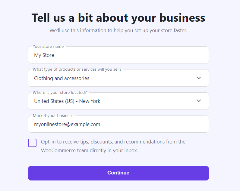 The online store information fields in Hostinger's Easy Onboarding for WooCommerce