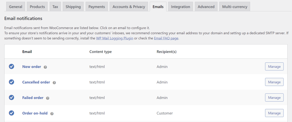 WooCommerce emails settings