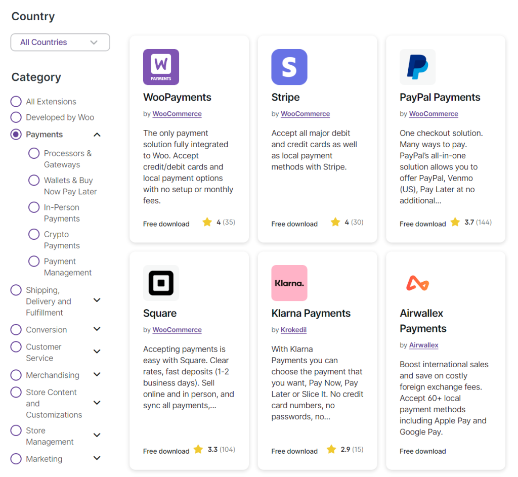 WooCommerce extensions for payment methods.