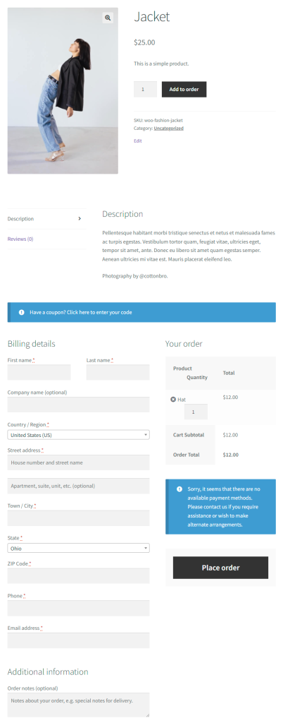 A preview of a product page with one-page checkout enabled