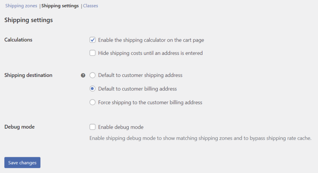 WooCommerce shipping settings