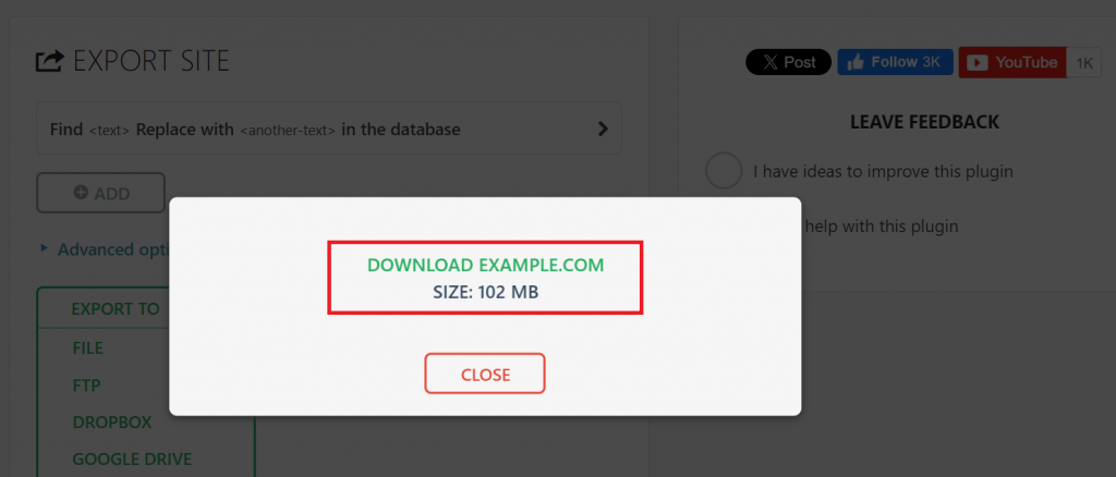 Downloading the website file on the EXPORT SITE menu of the WordPress dashboard