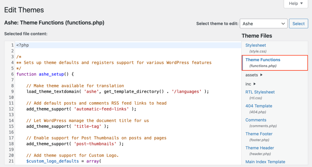 The functions.php file in the Theme File Editor menu of the WordPress dashboard