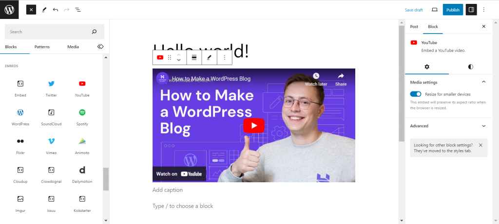 Inserting a YouTube embed block on the WordPress block editor