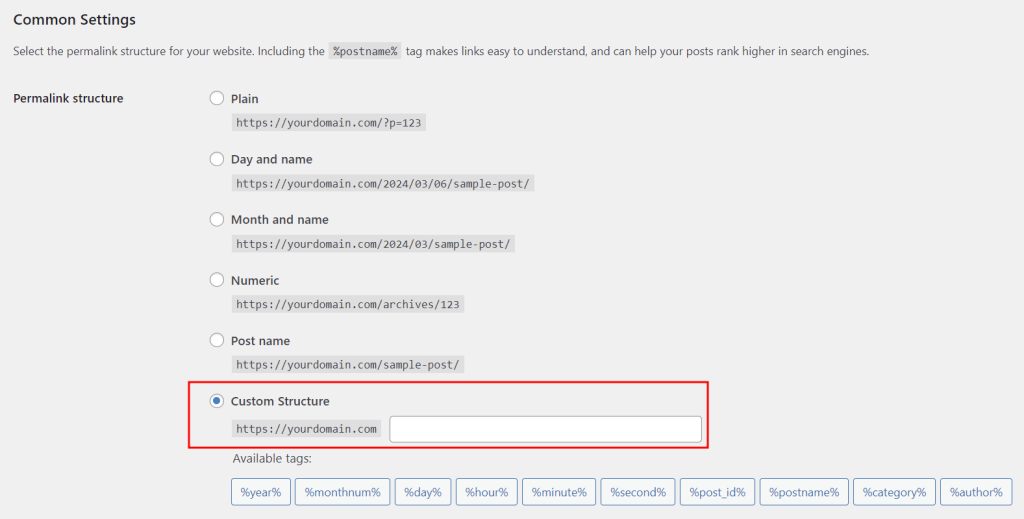 WordPress Permalinks Settings, highlighting the custom structure option