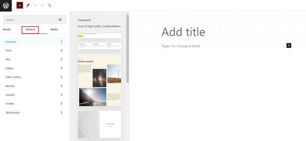 The Patterns tab showing where you can find block patterns on the Gutenberg editor