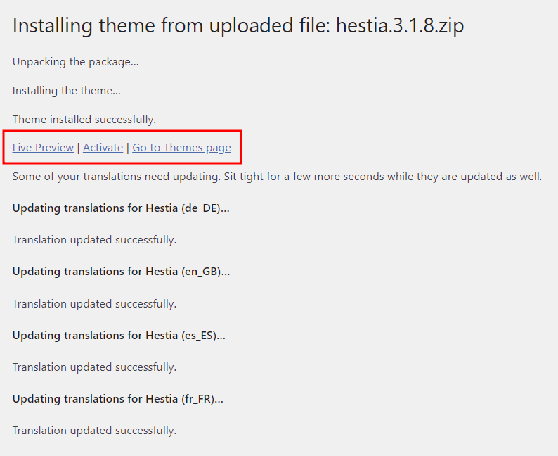 WordPress theme installation log, highlighting the option to activate or preview the theme or return to the Themes page