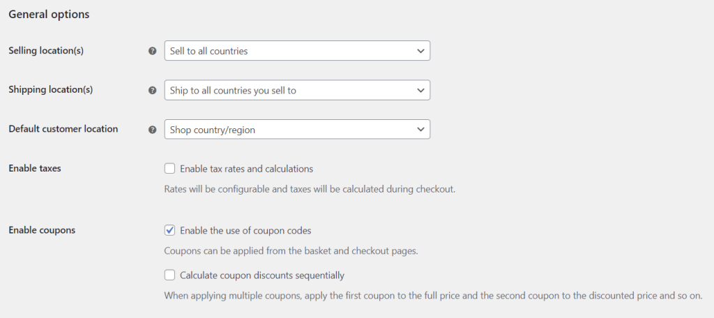 WooCommerce general options in WordPress