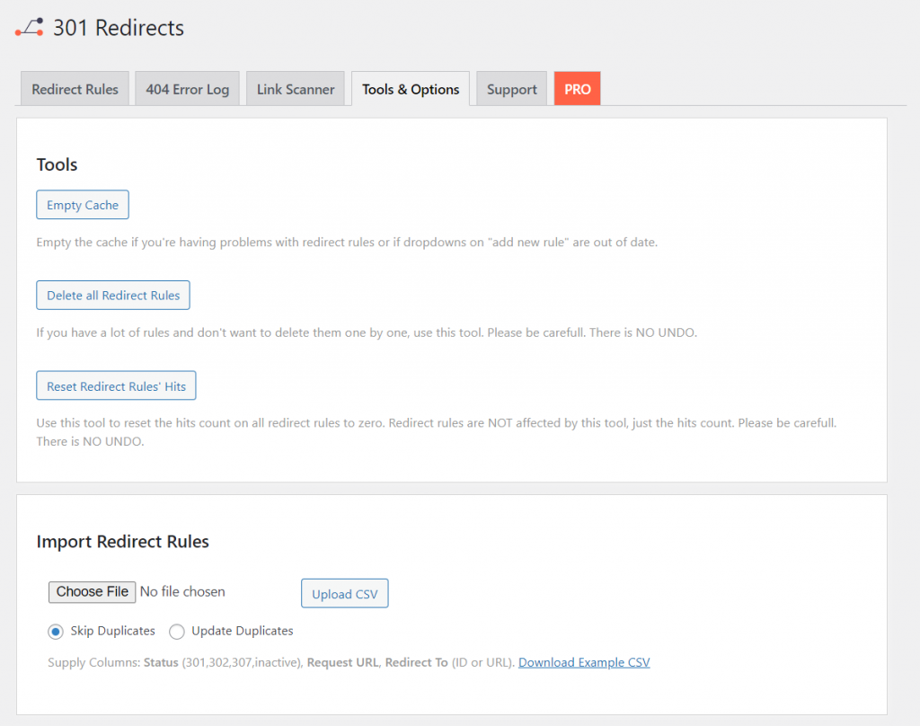 WP 301 Redirects' interface
