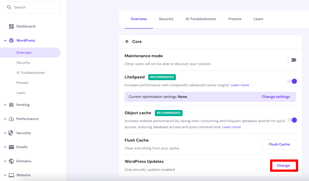 WordPress updates section on hPanel. The Change button is highlighted