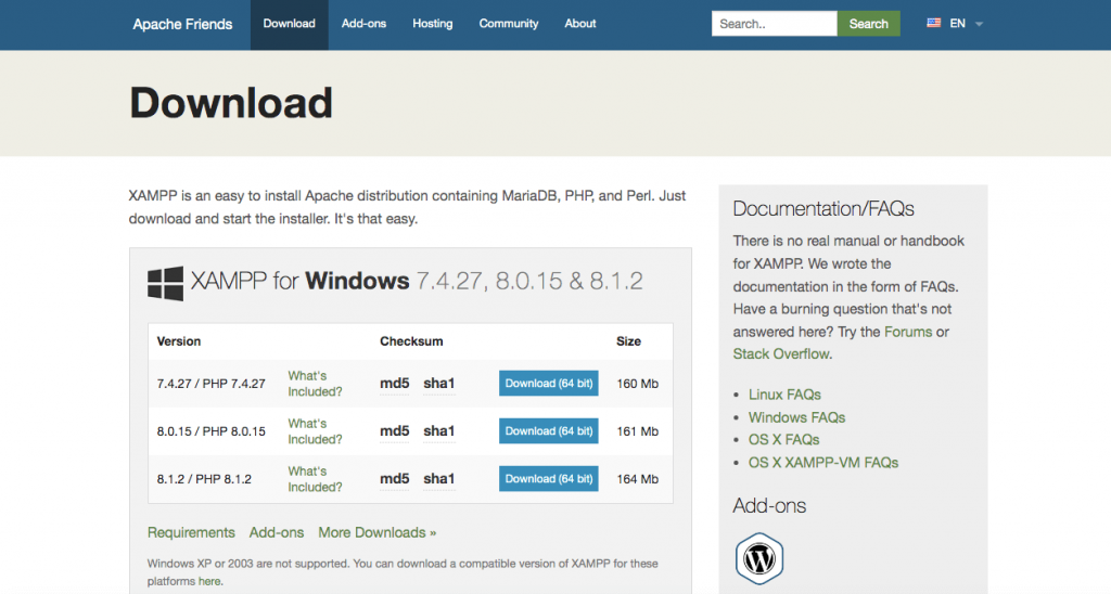 The different XAMPP versions available to download.