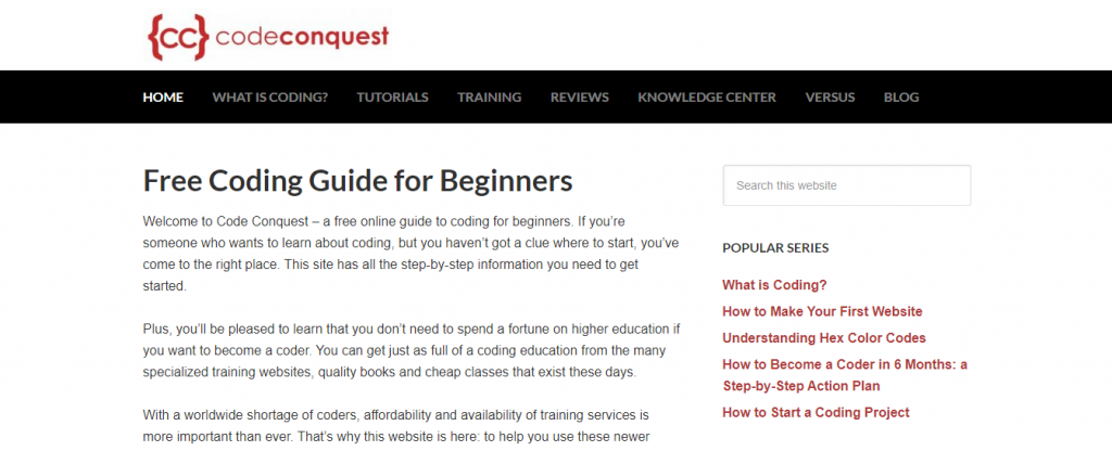 Code Conquest website homepage