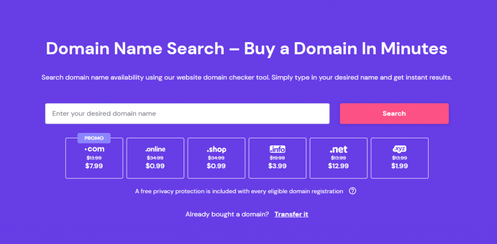 Hostinger's domain name landing page showing various extension options