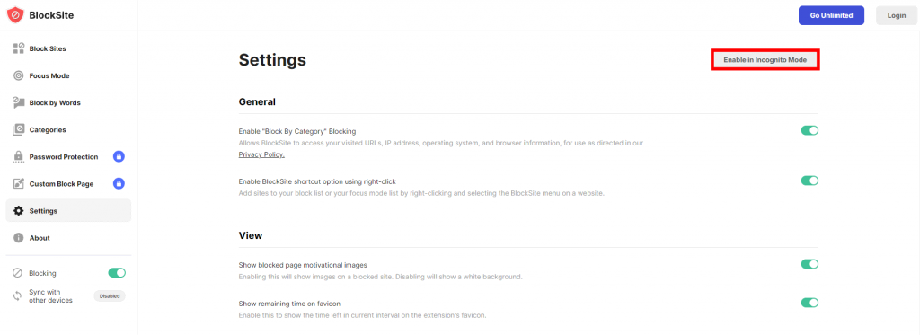BlockSite settings with the Enable in Incognito Mode button highlighted