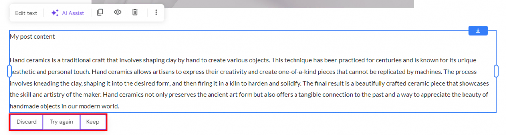 The AI generated text with the Discard, Try Again, and Keep buttons highlighted