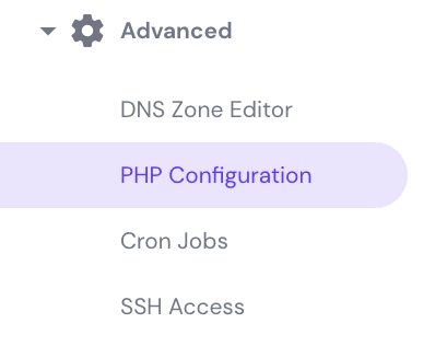 Hostinger left side menu Advanced section with PHP configuration highlighted