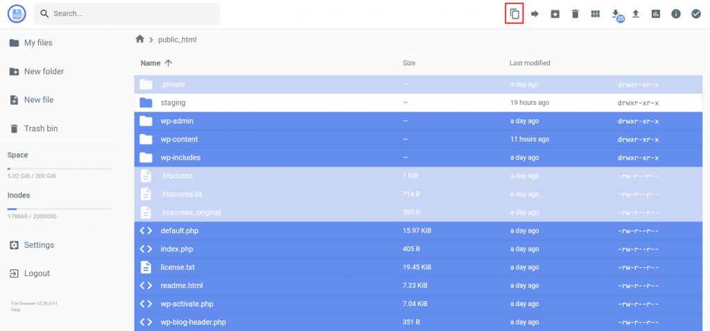 The dashboard of Hostinger's File Manager, highlighting the Copy file button
