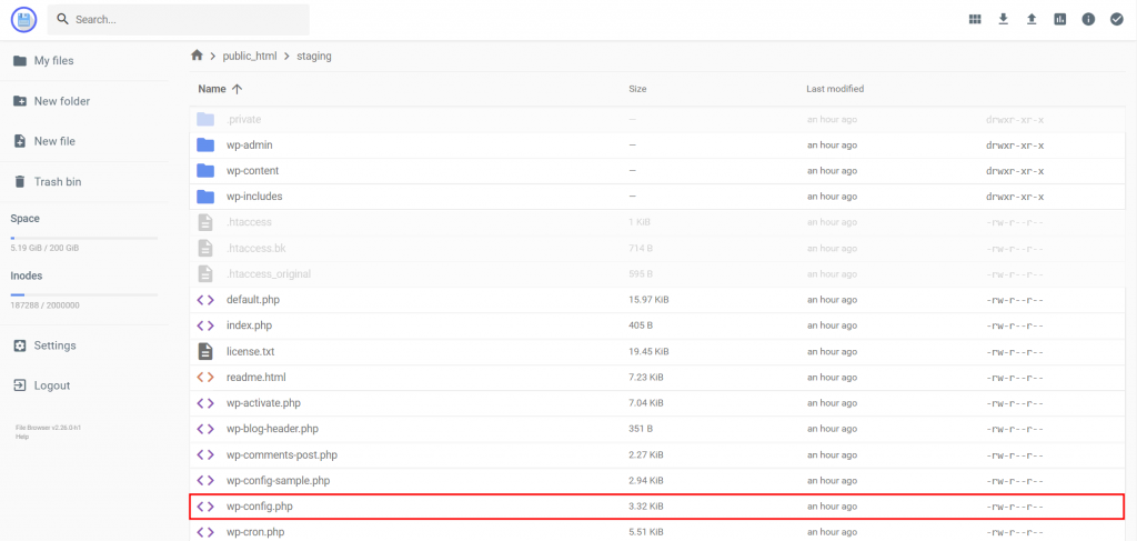 Hostinger File Manager, highlighting the wp-config.php file in the staging folder
