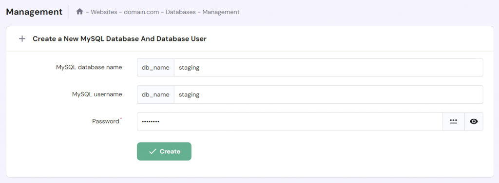 The database management section in hPanel, where user can create a new database
