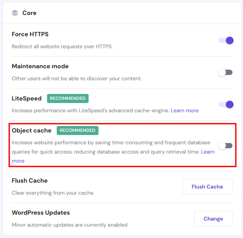 The WordPress overview page on hPanel. The enable Object cache button is highlighted