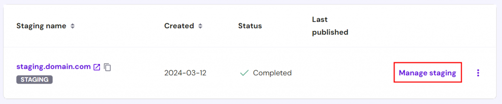 WordPress staging site list, highlighting the button to manage the staging environment
