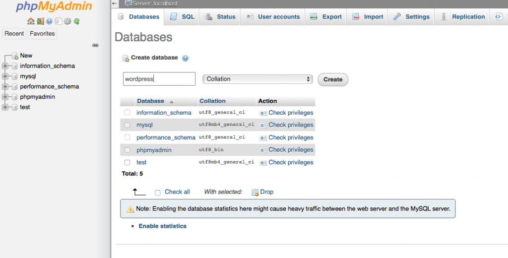 Creating databases on your phpMyAdmin and labelling the second drop-down menu as collation.