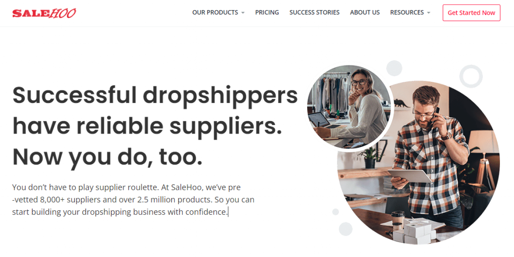 The SaleHoo homepage which says "Successful dropshippers have reliable suppliers. Now you do, too" along with photos of a man on the phone and a woman smiling.