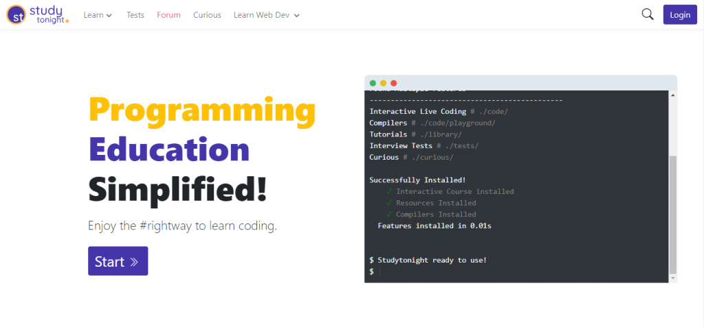 Studytonight website homepage