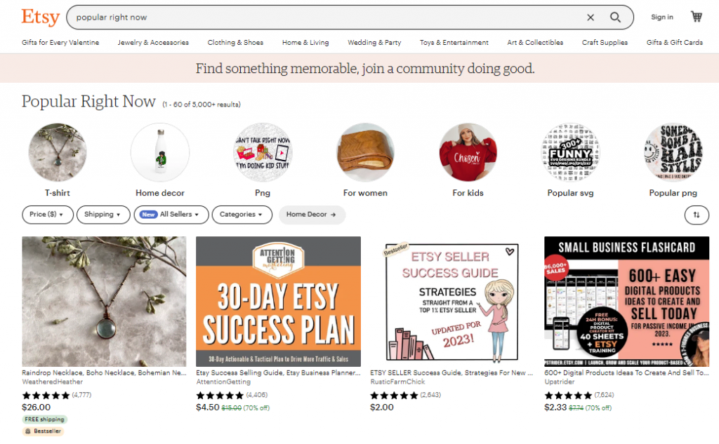 The Popular Right Now page on the Etsy website.