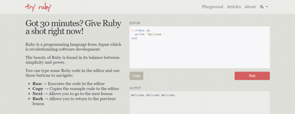 TryRuby website homepage