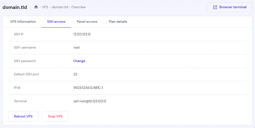 VPS SSH login credentials in hPanel