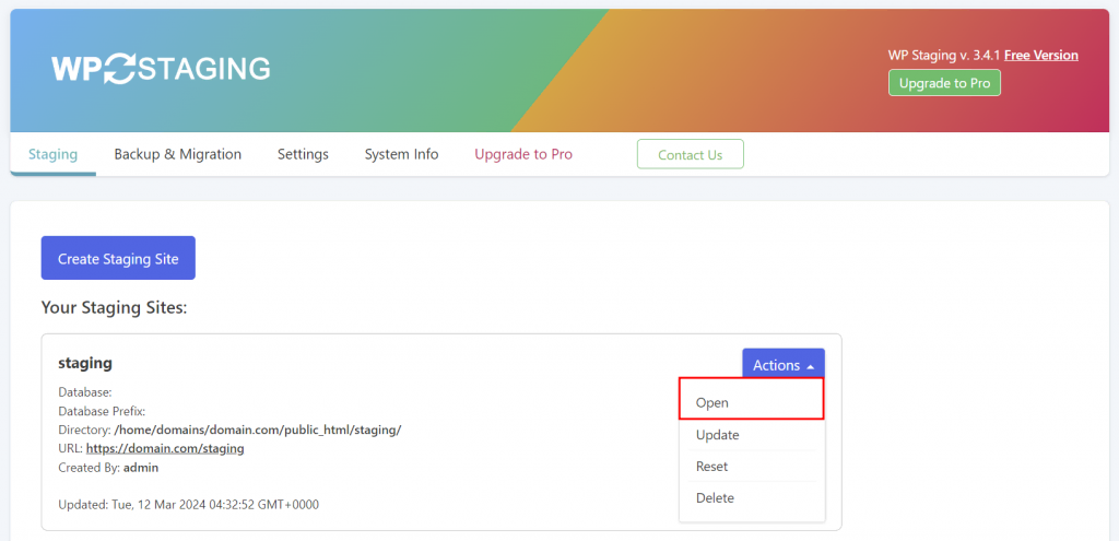 WP Staging site list, highlighting the option to access a test site
