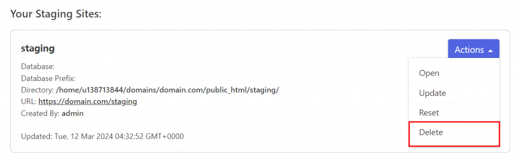 WP Staging site list, highlighting the option to delete staging site
